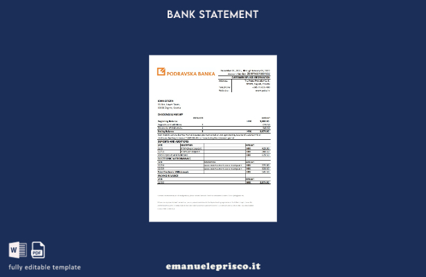 Modello Excel di estratto conto bancario Croazia Podravska in stile verificato